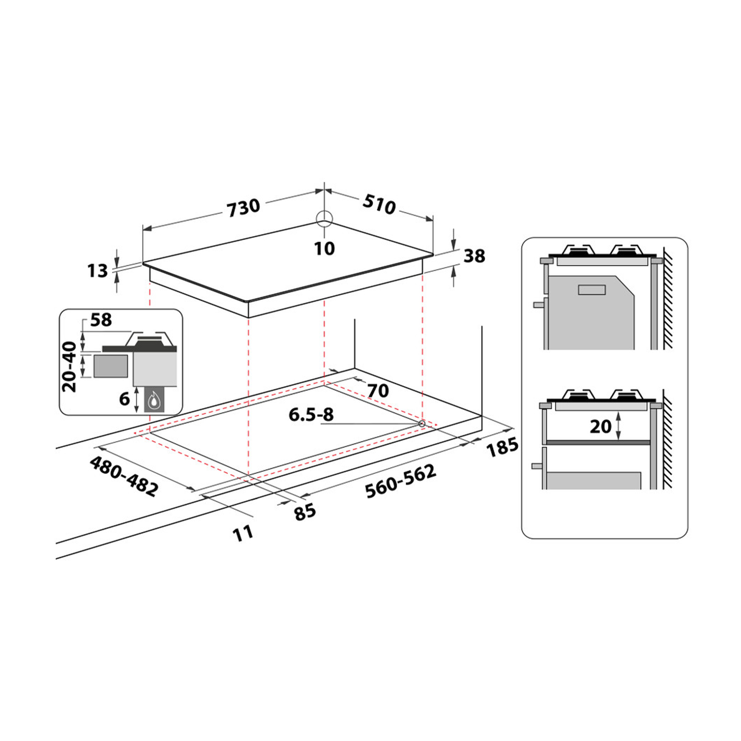Diagramma con dimensioni di un piano cottura. Include viste dall'alto e laterali della superficie di cottura.