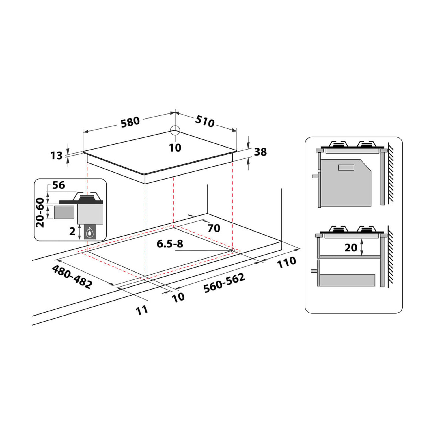 Disegno tecnico di un piano cottura con dimensioni in millimetri, con due fuochi. Viste laterali e dall'alto.