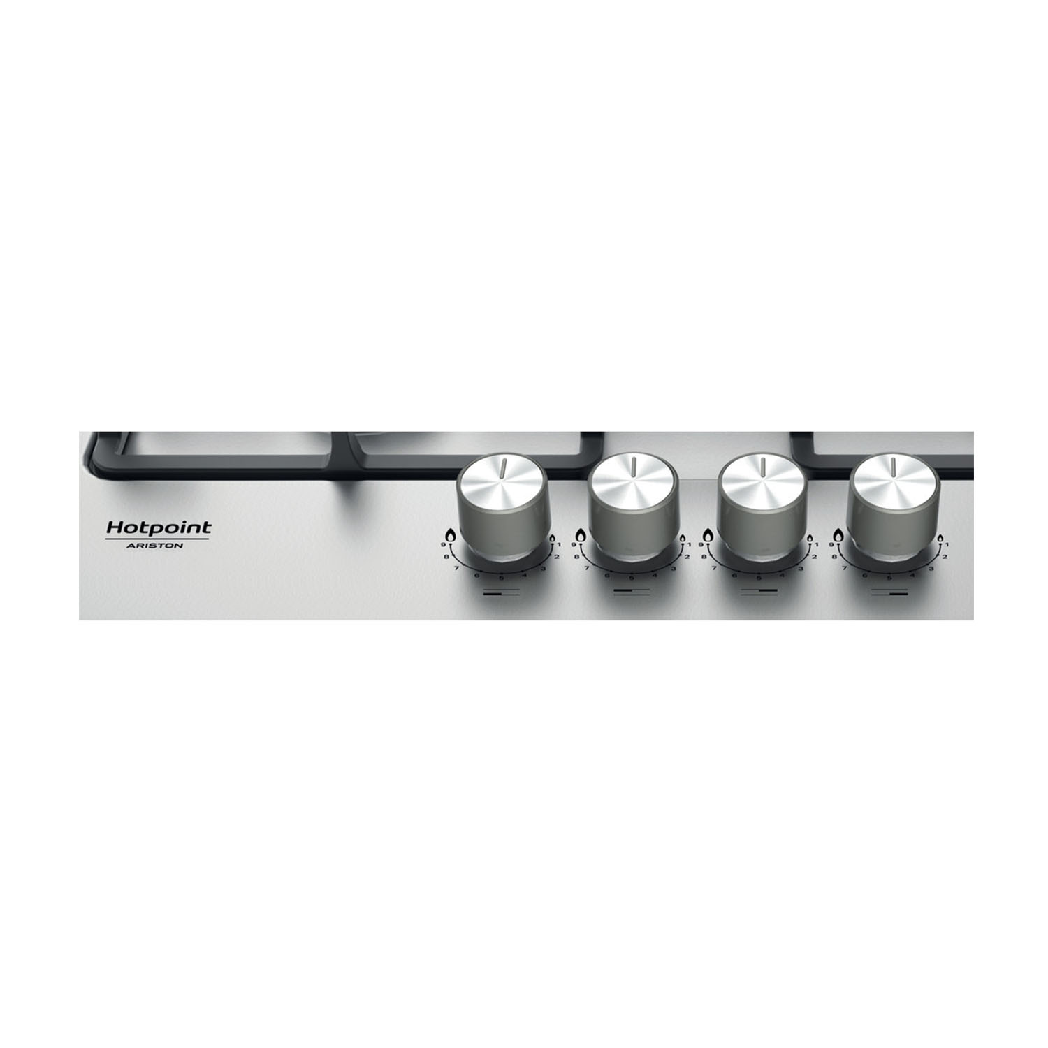 Piano cottura in acciaio inox con quattro manopole argentate. Il logo Hotpoint Ariston è visibile a sinistra.