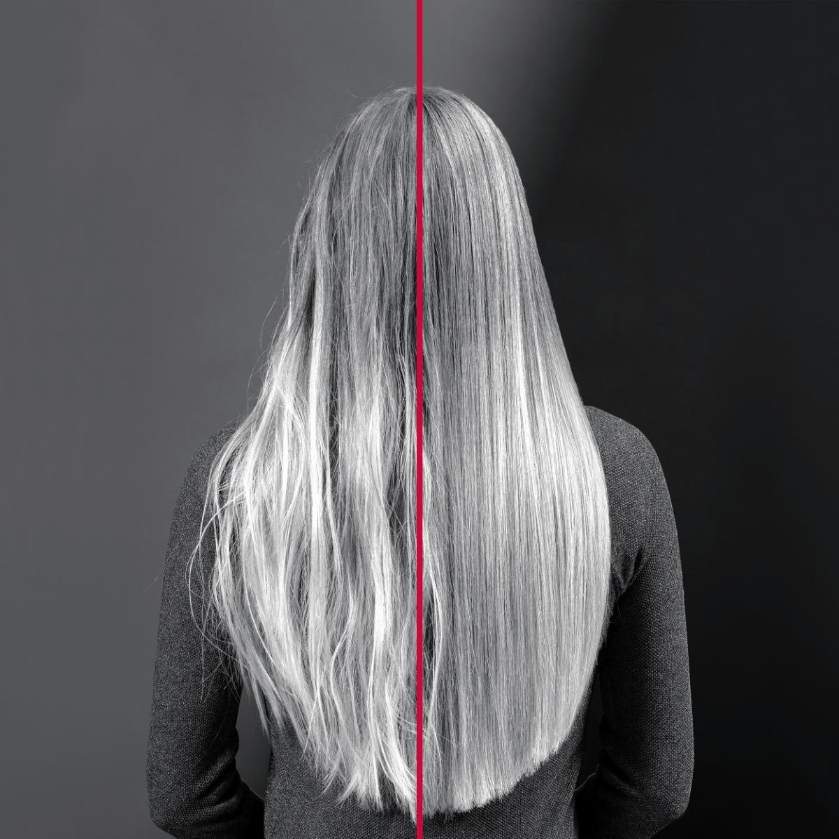 Frau mit grauem Haar, geteilt durch eine rote Linie. Die linke Seite ist kraus, die rechte Seite ist glatt.