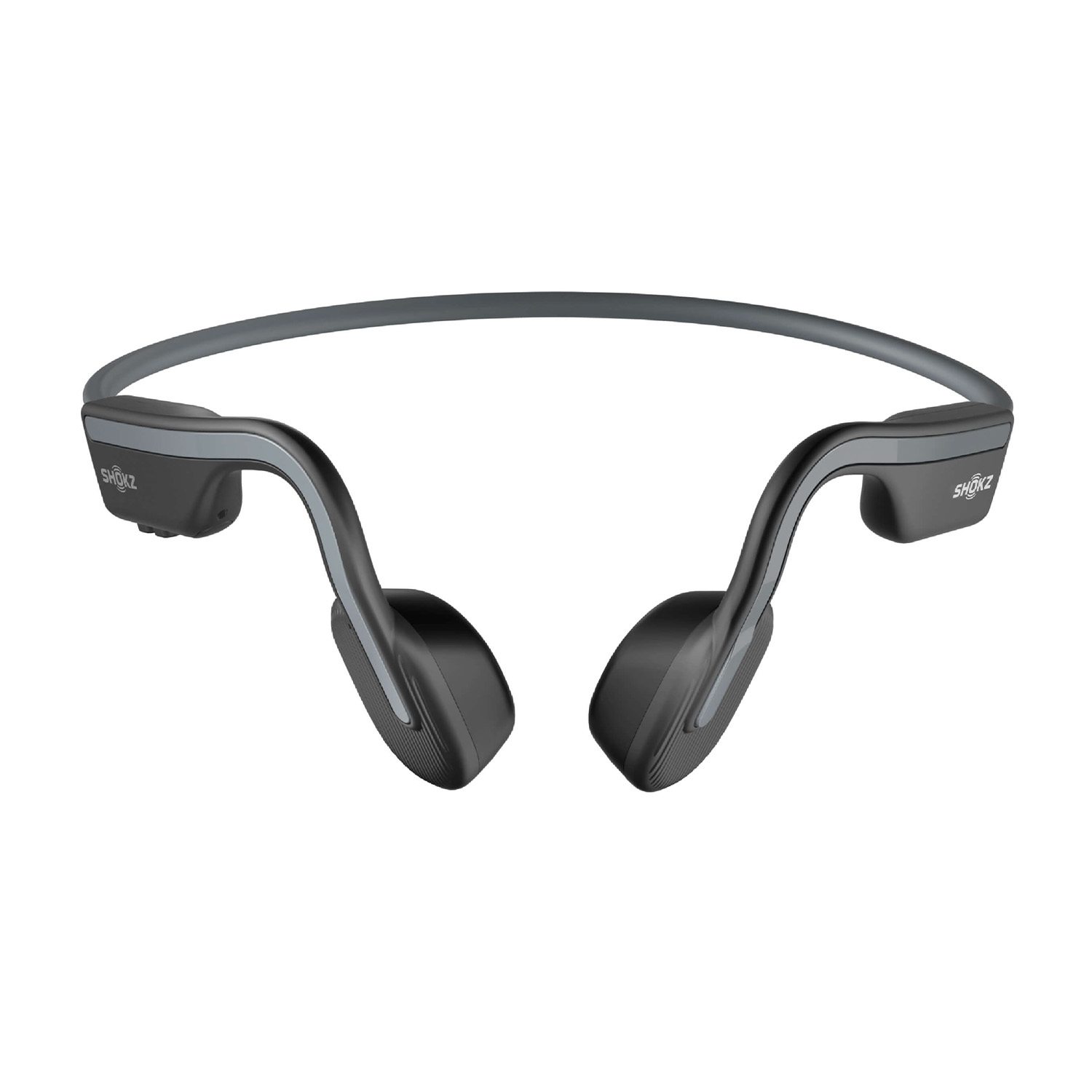 Cuffie Shokz nere, progettate per stare sulla testa e intorno alle orecchie.