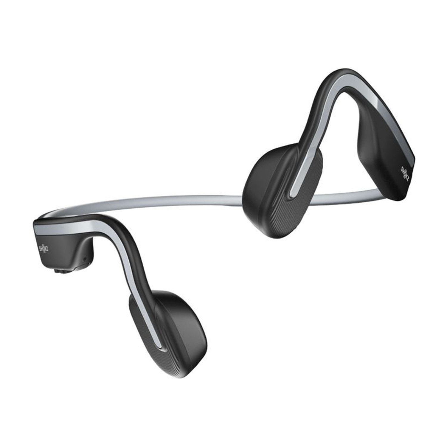 Cuffie a conduzione ossea nere e grigie, con un design curvo e una fascia argentata.