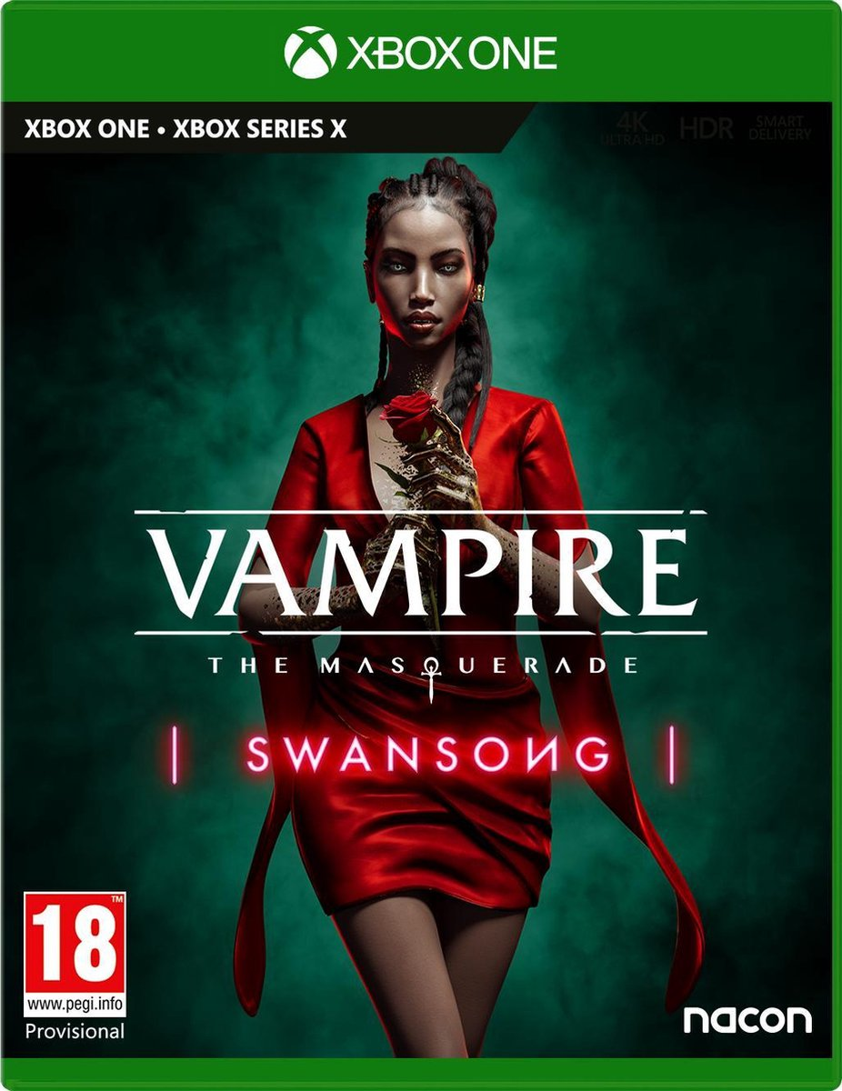 Gamebox voor Vampire: The Masquerade - Swansong, met vrouw die een roos vasthoudt, op groene achtergrond.