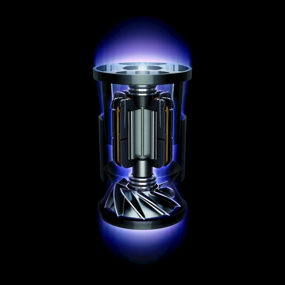 Una vista detallada de los componentes internos de un motor Dyson, con un fondo negro e iluminación azul de acento.