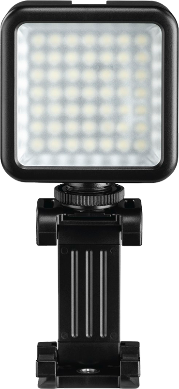Zwarte LED-videolamp met verstelbare houder. De lamp heeft een raster van kleine LED's.
