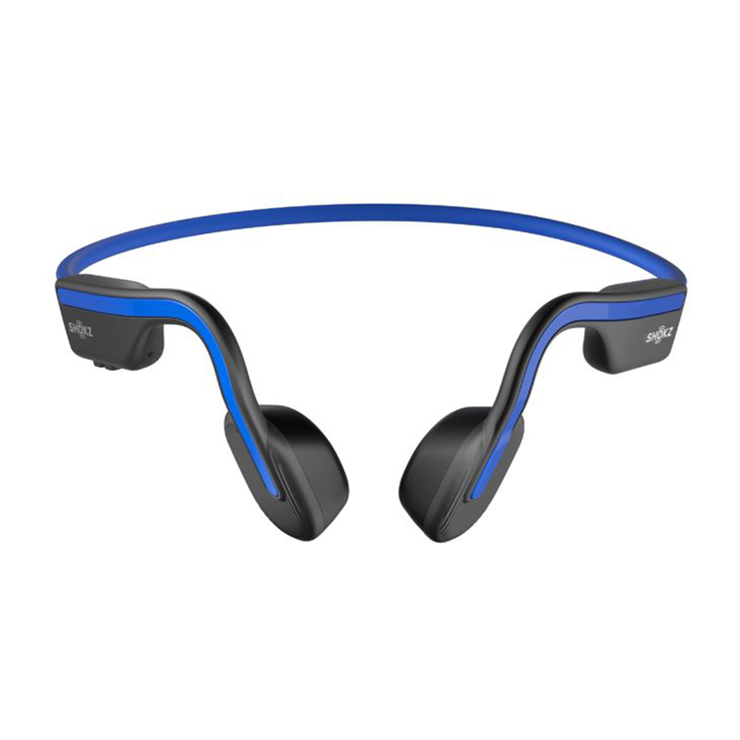Cuffie Shokz blu e nere, design a conduzione ossea.