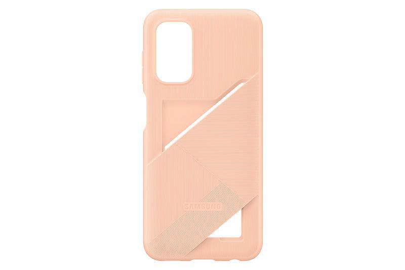 Pfirsichfarbene Handyhülle mit Kartenhalter und Samsung-Logo.