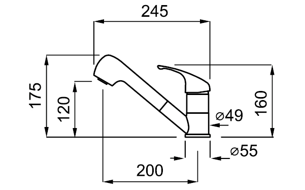 Konyhai csaptelep diagramja, méretekkel mm-ben. Oldalnézet számokkal.