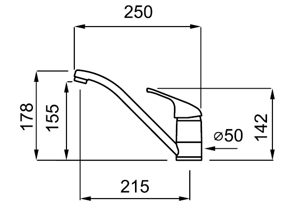 Csaptelep diagramja mm-ben megadott méretekkel. Fekete vonalak és számok fehér alapon.