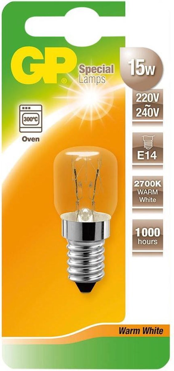 GP ovenlamp verpakking. De lamp is warm wit, 15W, 220V-240V, E14.