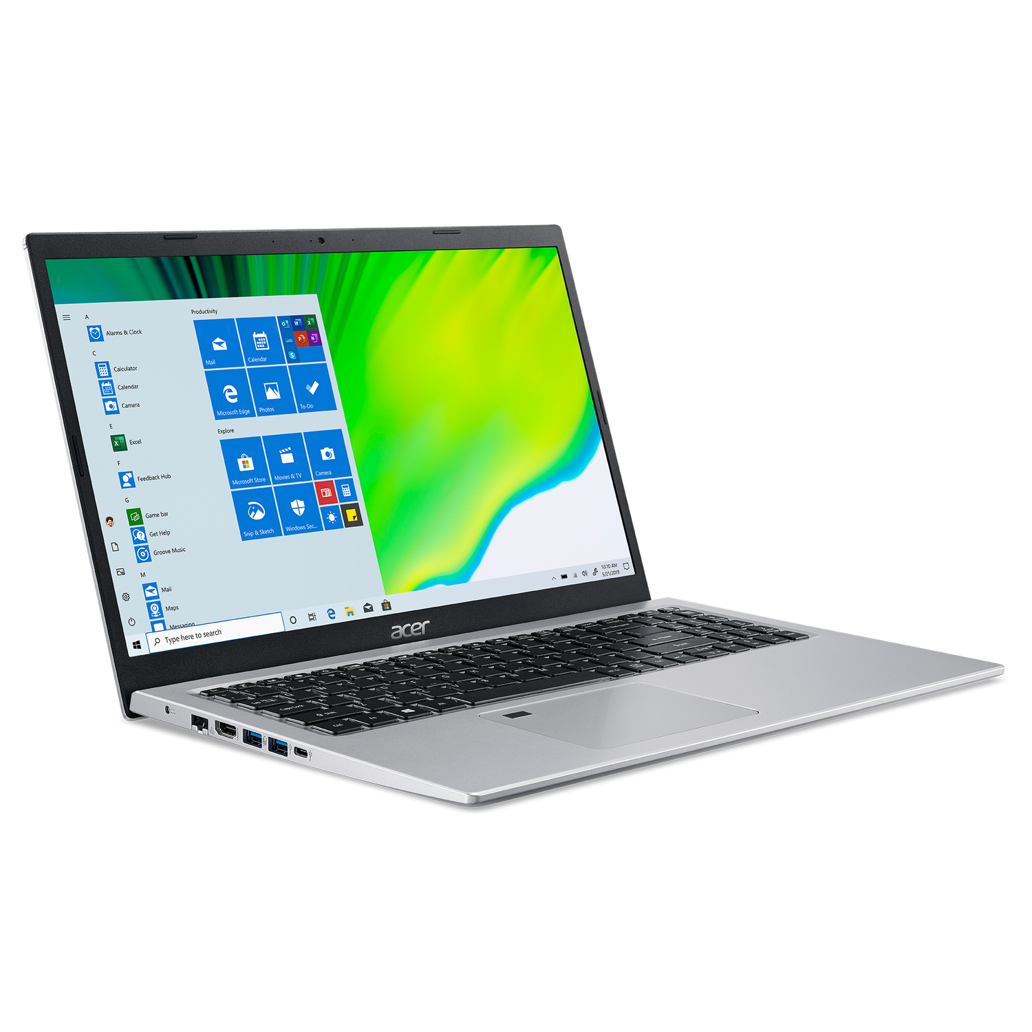 Laptop plateado con pantalla brillante que muestra iconos de aplicaciones. La marca Acer es visible.