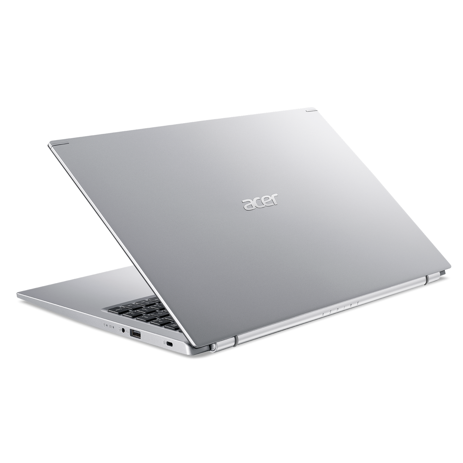 Un portátil Acer plateado, abierto, mostrando el teclado y el logotipo de Acer en la tapa.