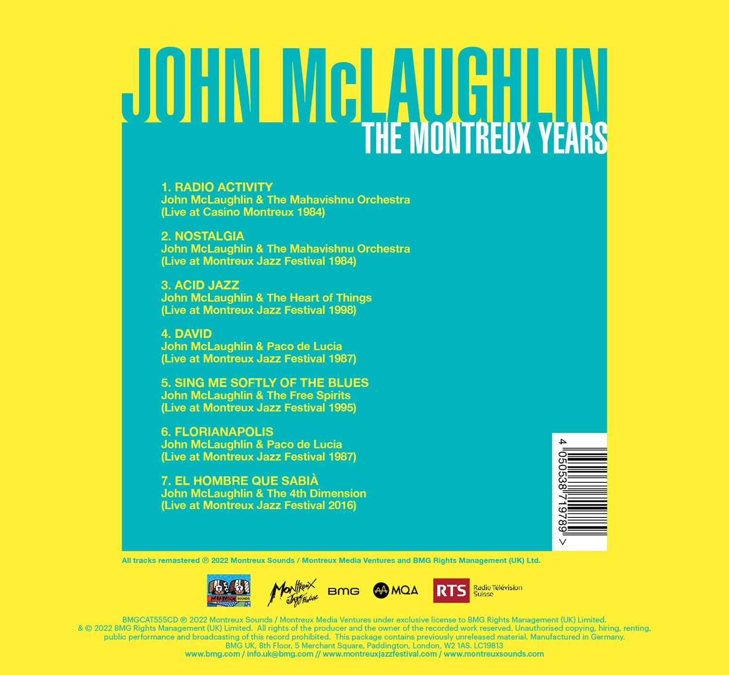 Pochette de l'album The Montreux Years de John McLaughlin. Fond jaune, texte et liste des titres.