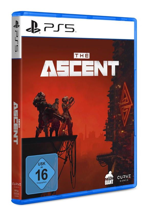 PS5-Spielbox für 'The Ascent' mit drei Figuren auf dem Cover. Roter Hintergrund.