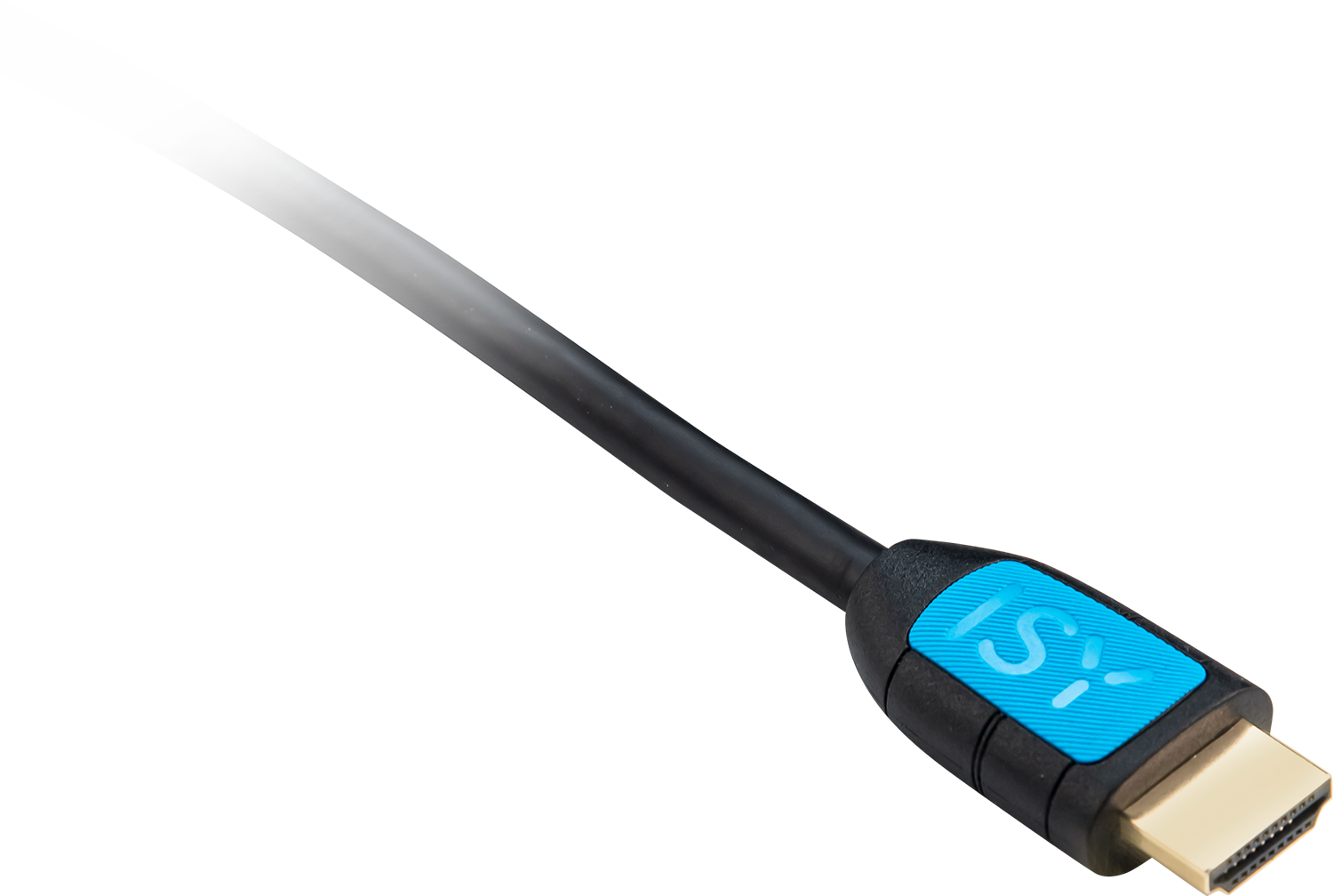 A black HDMI cable with a blue and black connector.