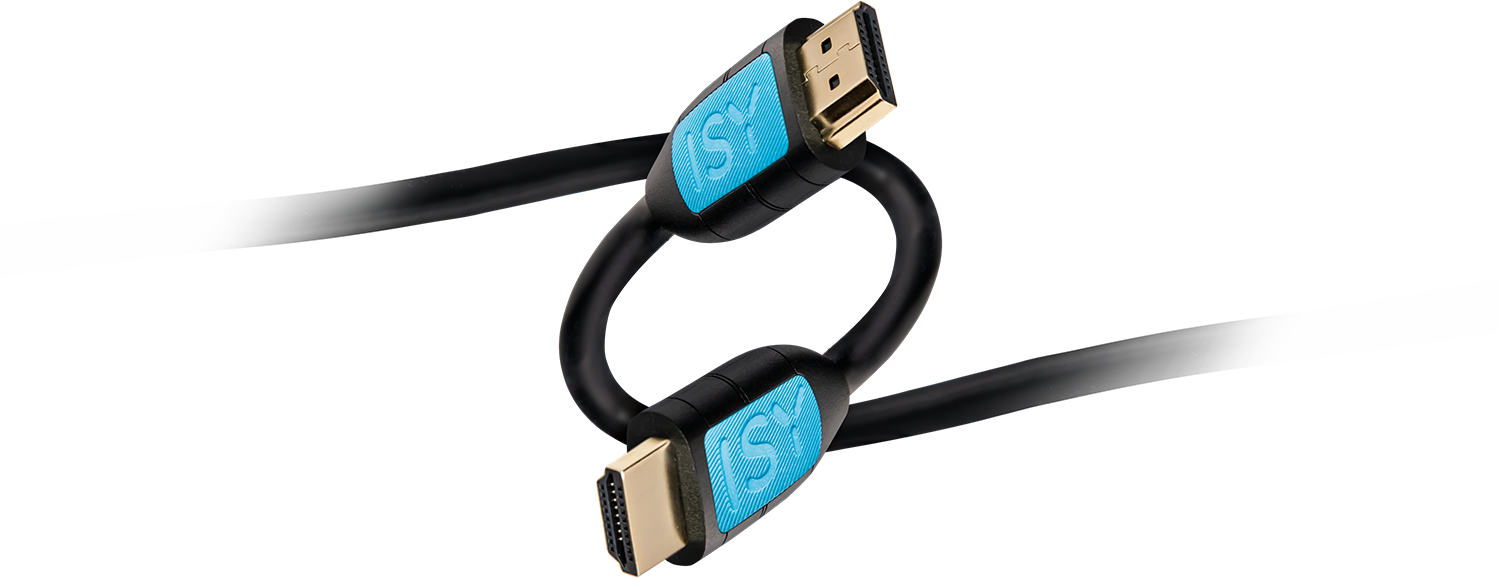 Two black HDMI cables with blue ends and gold connectors are looped together against a black background.