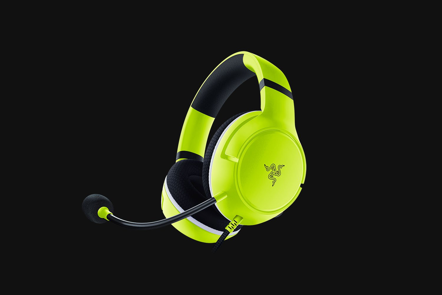 Neon green Razer gaming headset with a black microphone and black background. The design is modern.