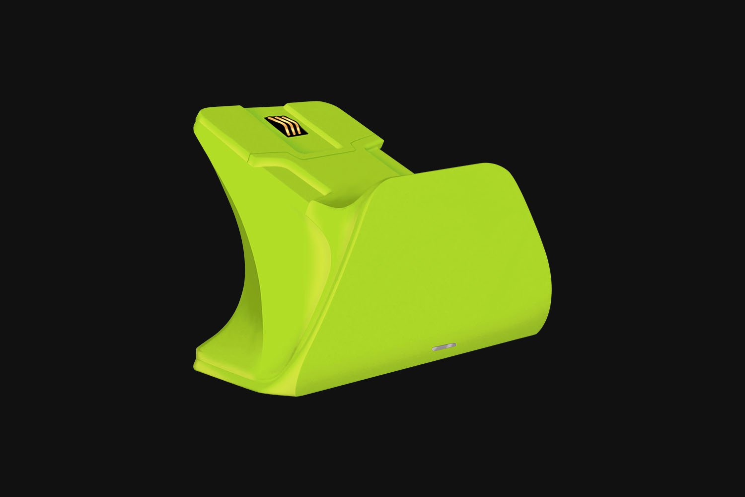 Lime green game controller stand on black background, with orange stripes.