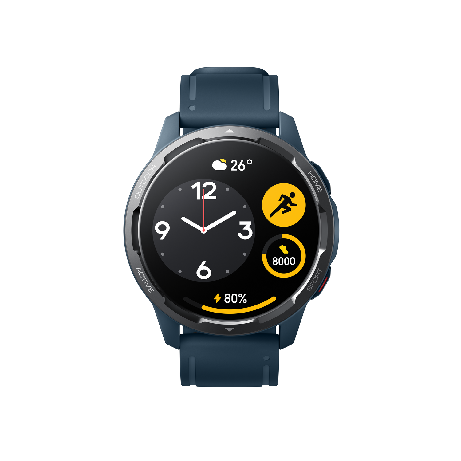 Un reloj inteligente que muestra la hora, el clima, la actividad y el porcentaje de batería sobre fondo negro.