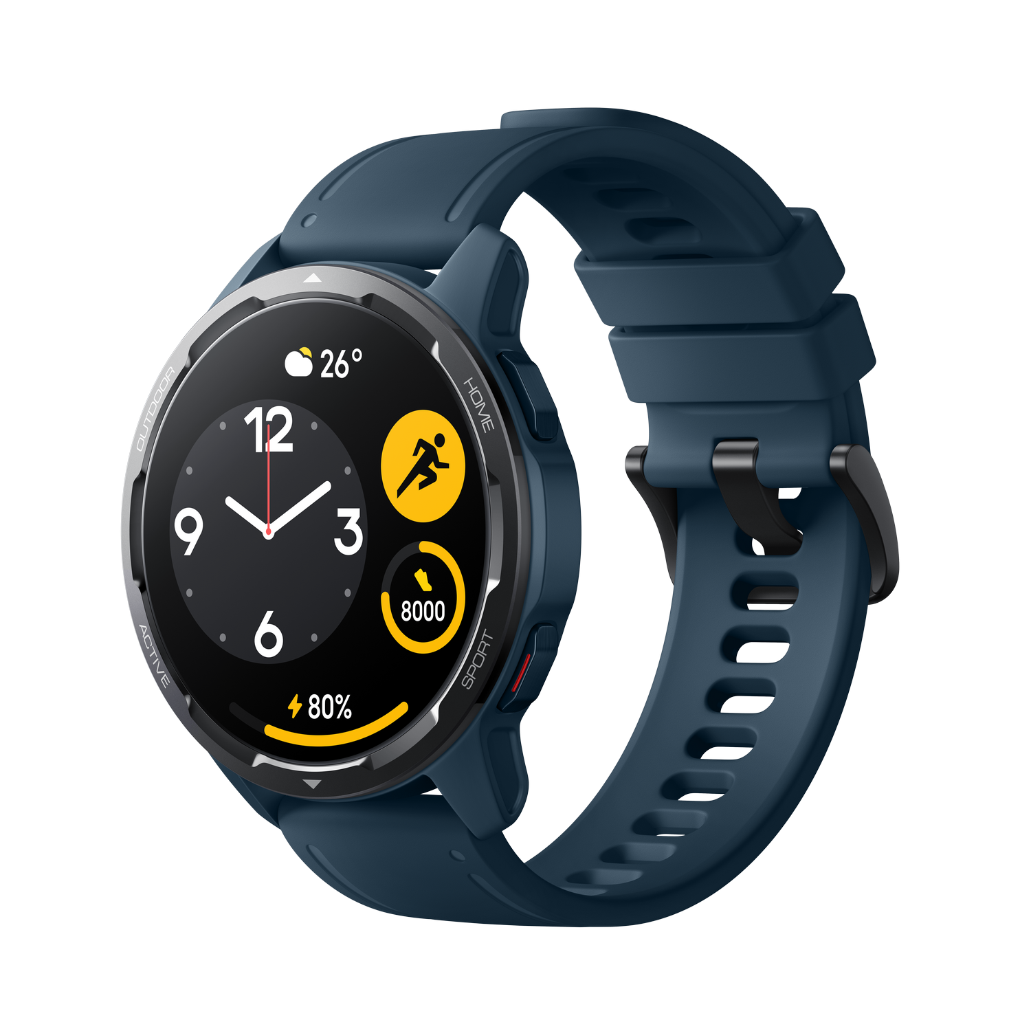 Smartwatch azul con esfera redonda, mostrando hora, estadísticas y clima.