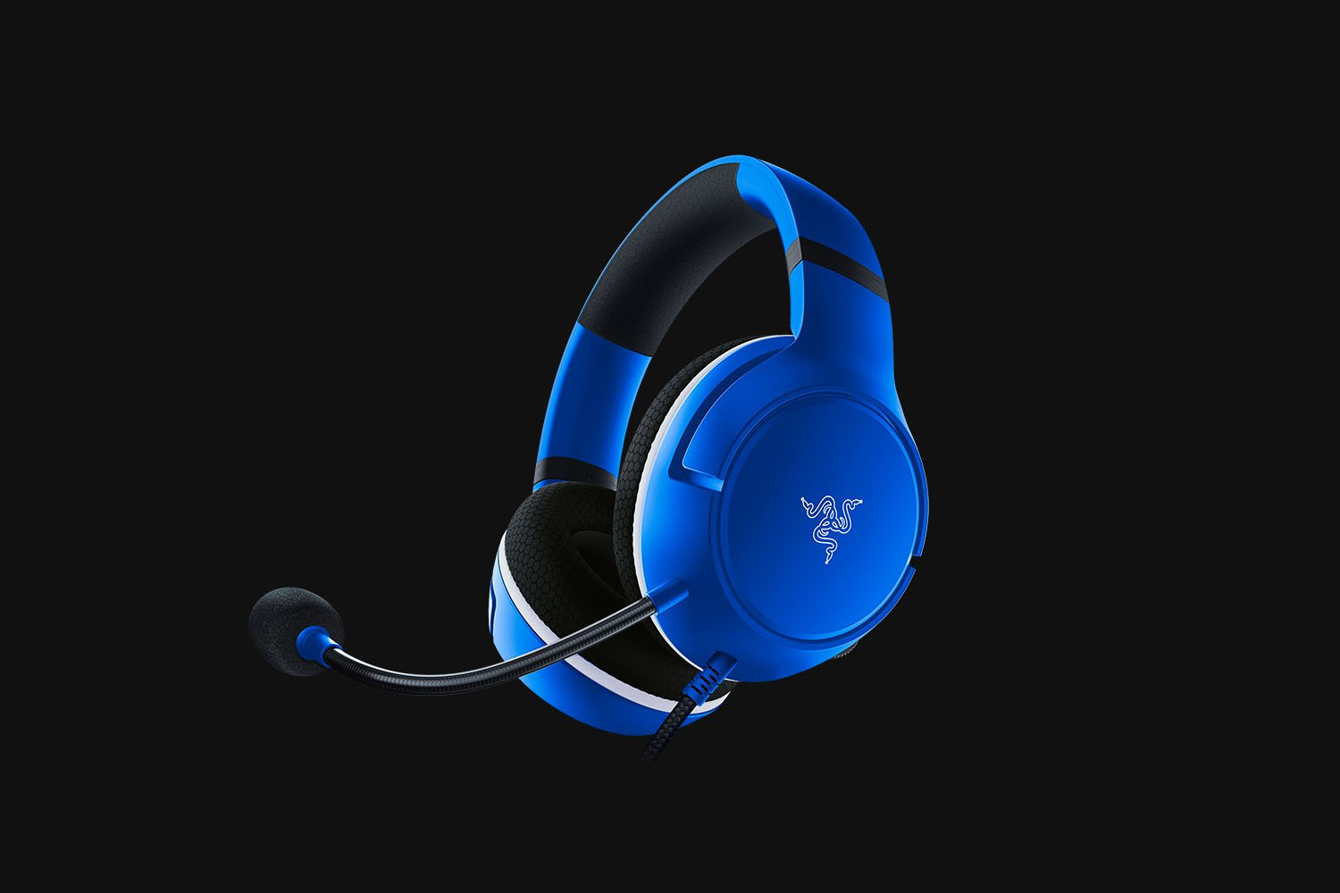 A blue and black Razer gaming headset against a black background.