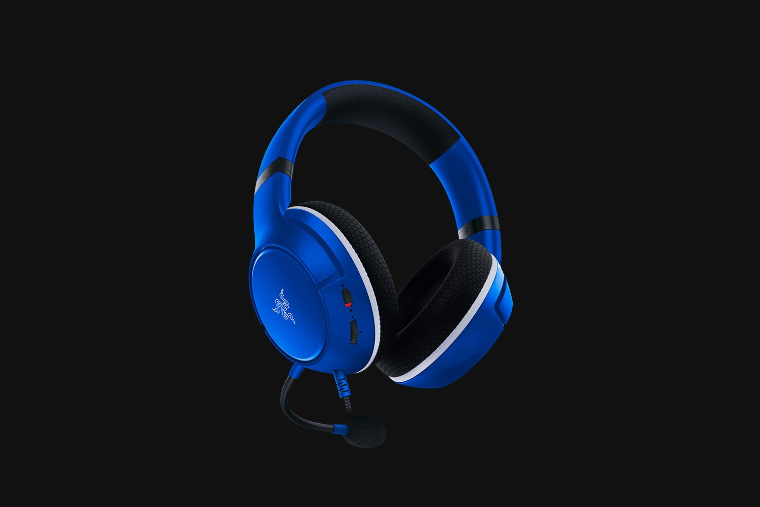 Blue and black gaming headset on black background, with a microphone.