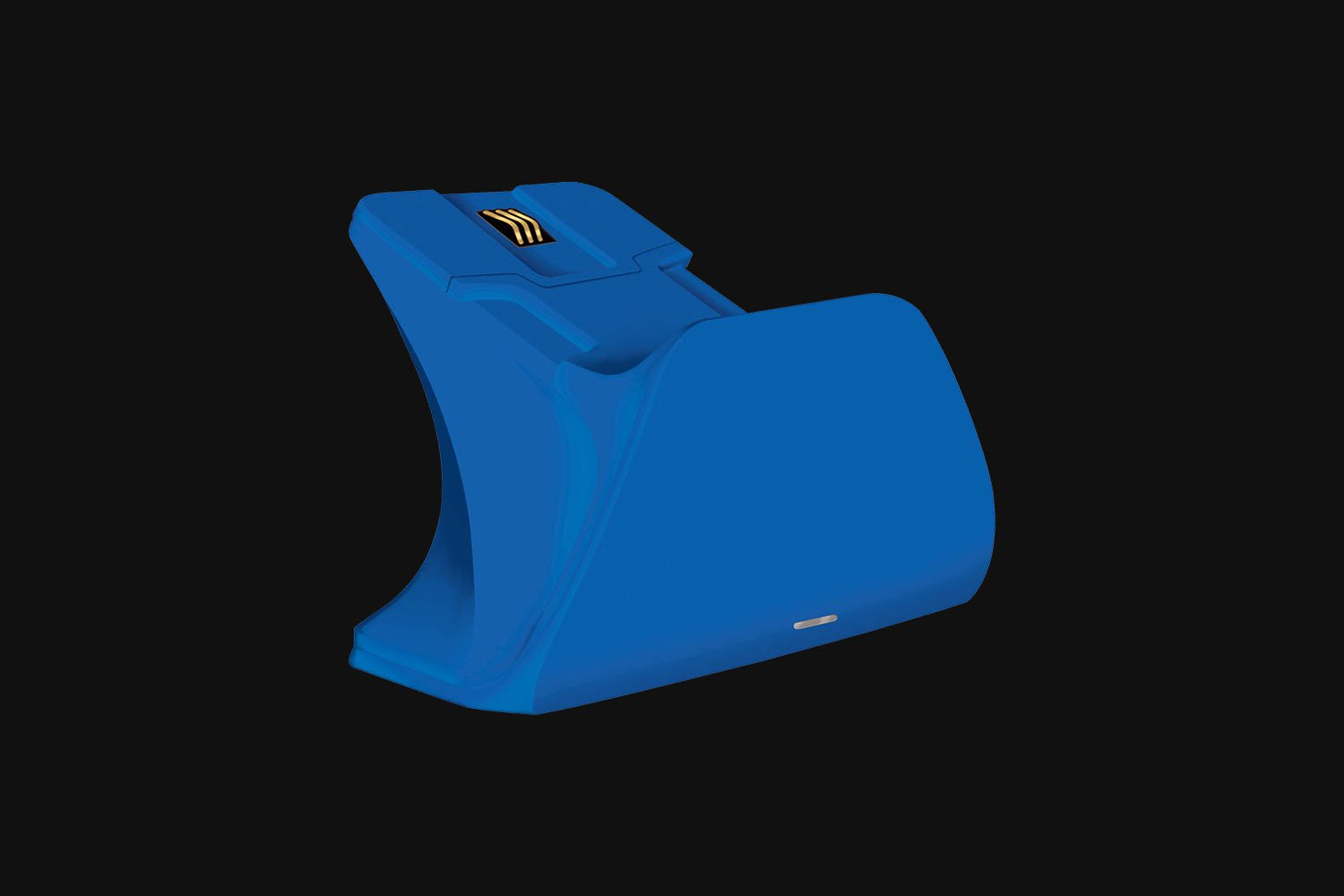 A blue charging stand for a game controller, viewed against a black background.