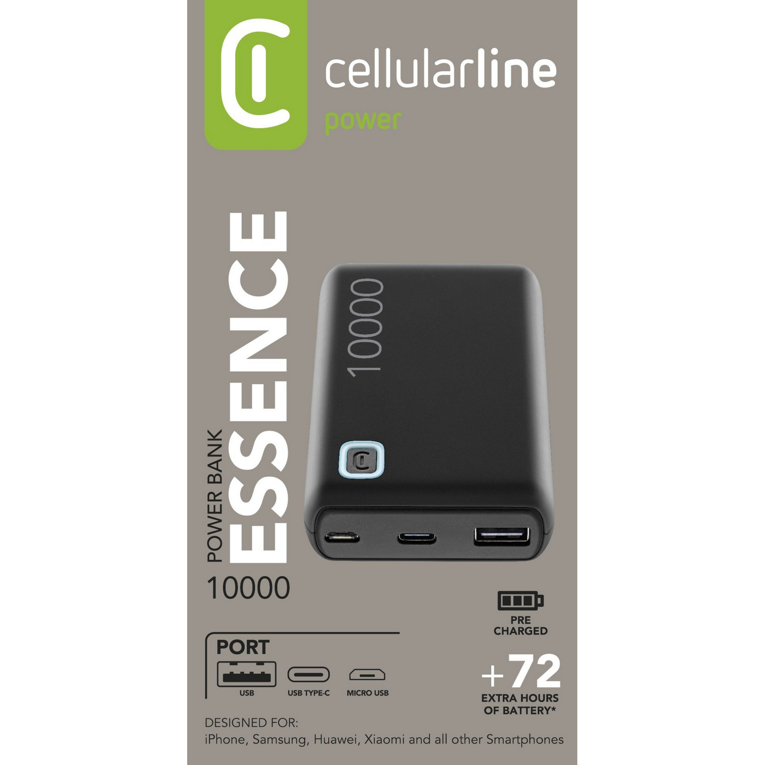 Un banco de energía negro con texto blanco que dice: Essence 10000.