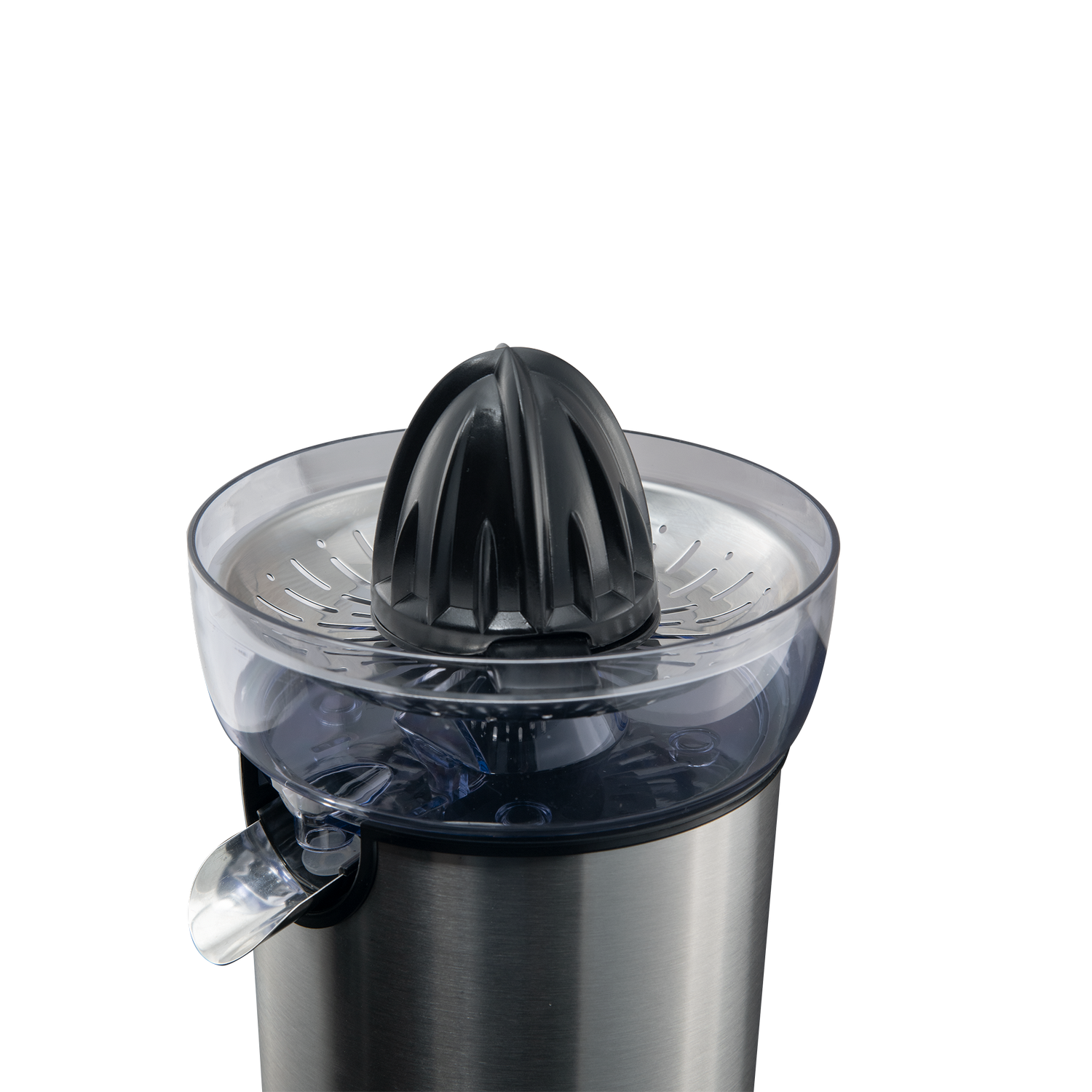 Exprimidor de cítricos: exprimidor negro en un cuenco transparente, sobre base plateada.