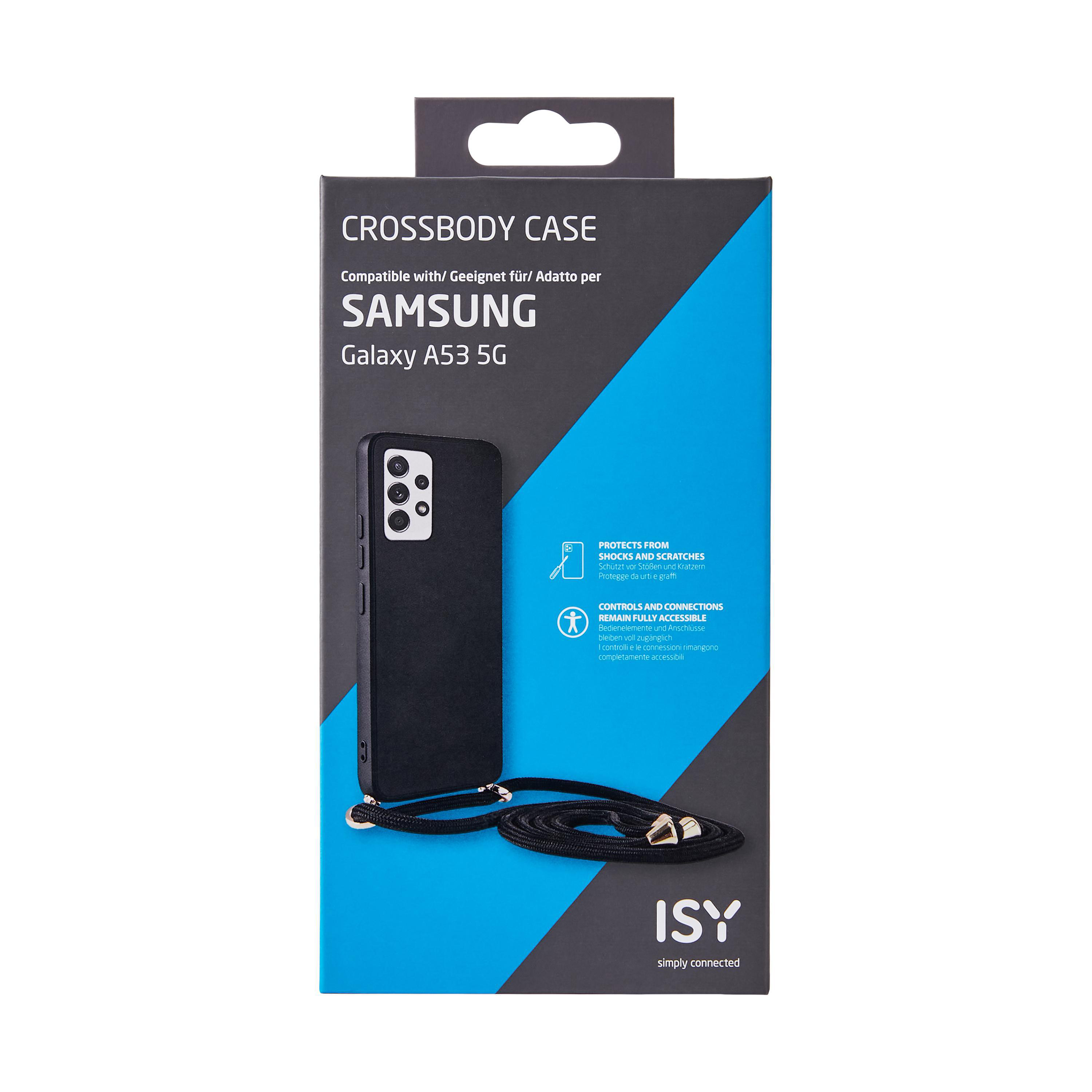 Crossbody-Hülle für ein Samsung Galaxy A53 5G Telefon, mit Lanyard und Verpackung.