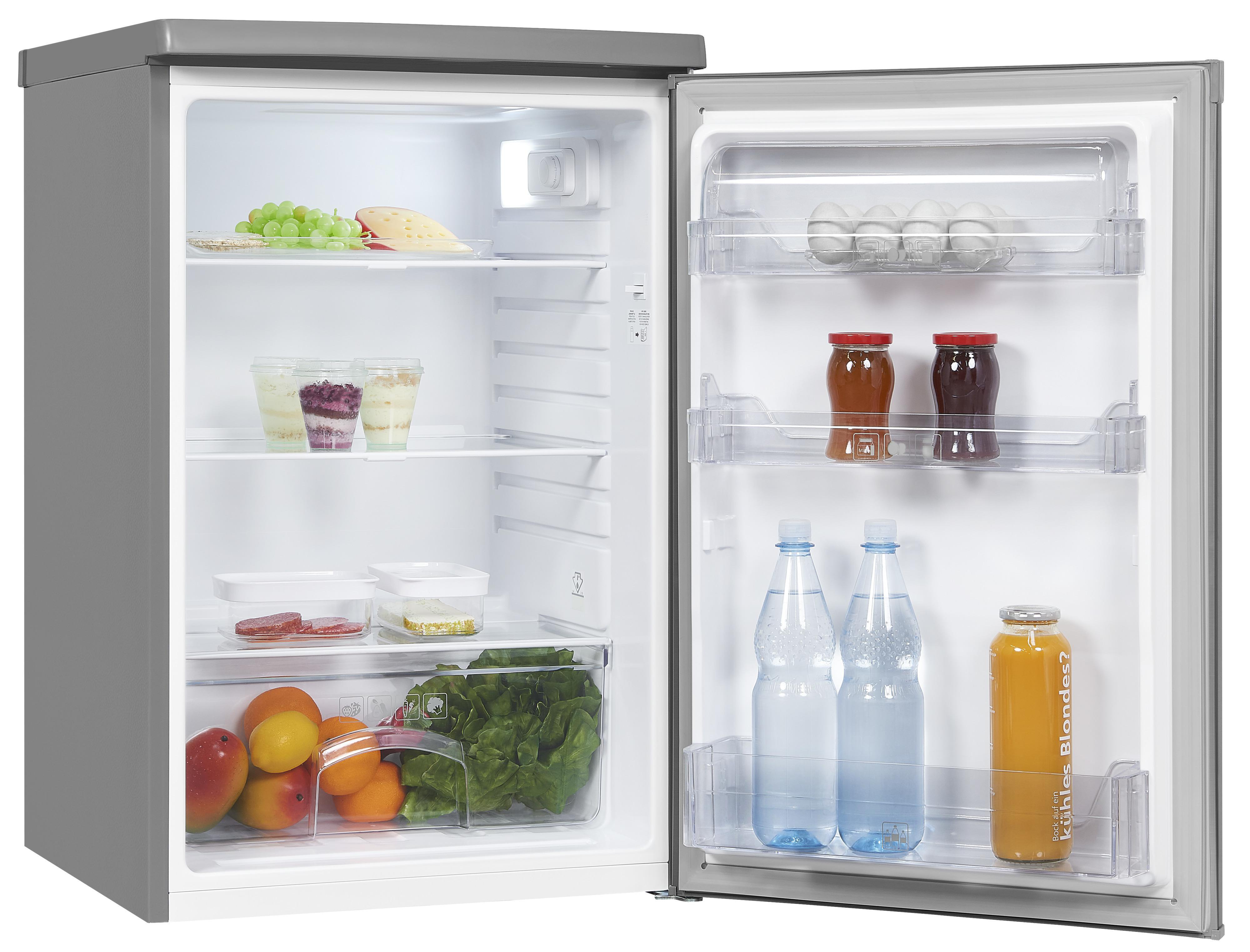 Ein geöffneter Mini-Kühlschrank, der Früchte, Eier und Getränke zeigt. Graue Außenseite.
