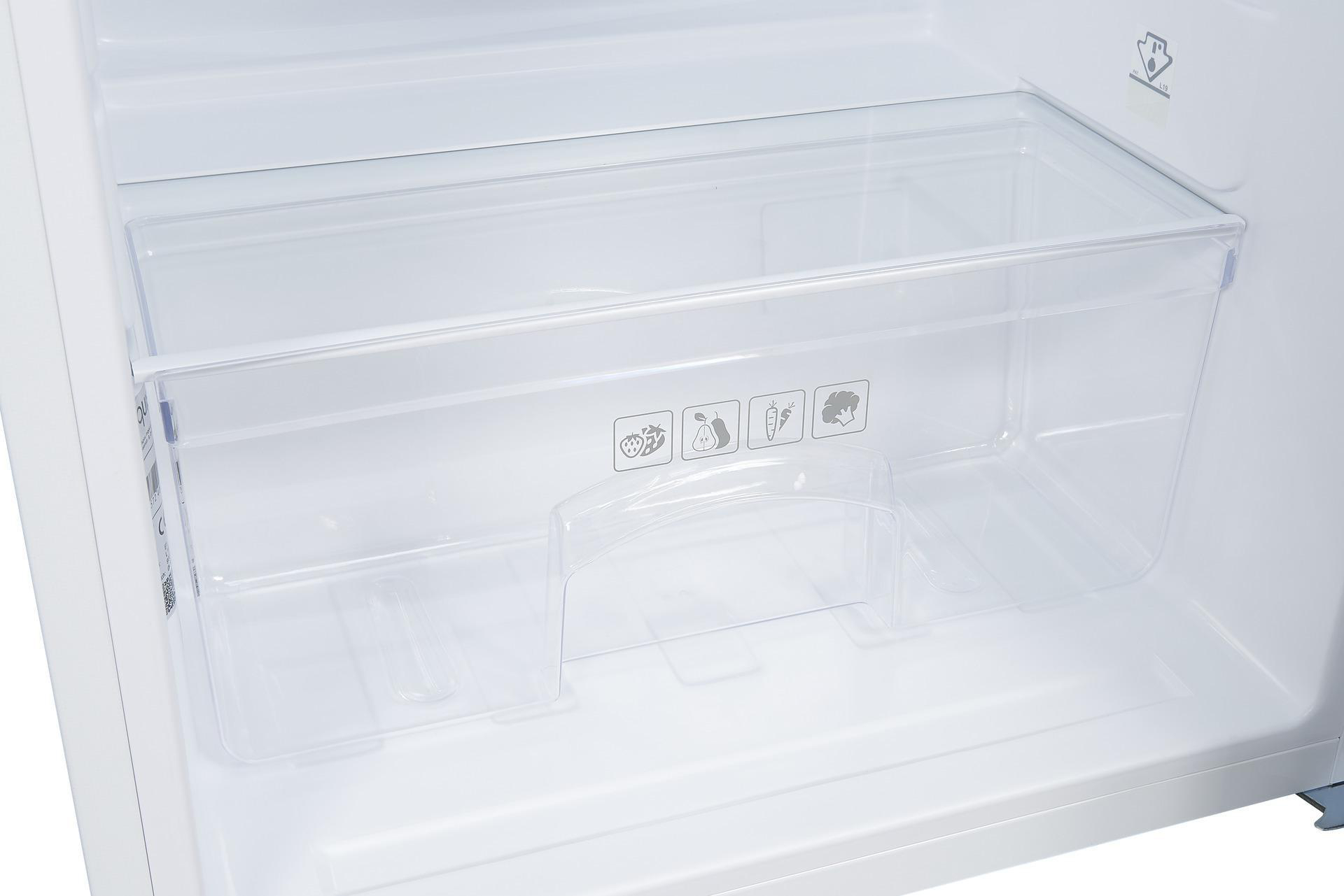 Kühlschrankinnenraum mit einer transparenten Schublade und Gemüse-/Obstsymbolen.