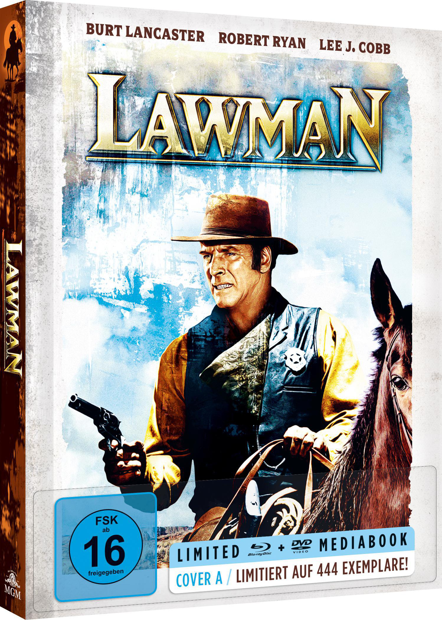 DVD-Cover des Films "Lawman". Burt Lancaster im Cowboy-Outfit, mit einer Waffe in der Hand, auf einem Pferd.