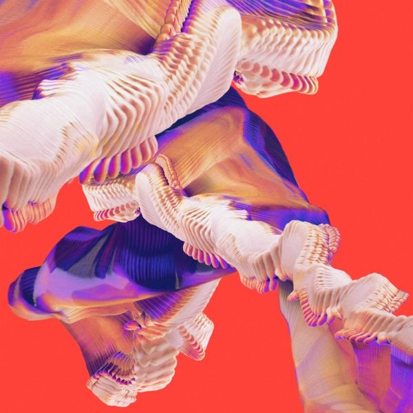 Abstract digitaal kunstwerk met wervelende, getextureerde vormen in oranje en paars.