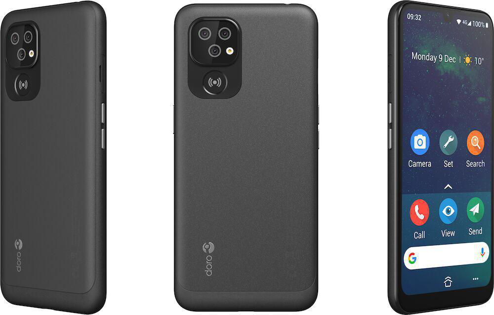 Drei Ansichten einer schwarzen Telefonhülle. Ein Bildschirm zeigt Datum, Uhrzeit und Symbole.