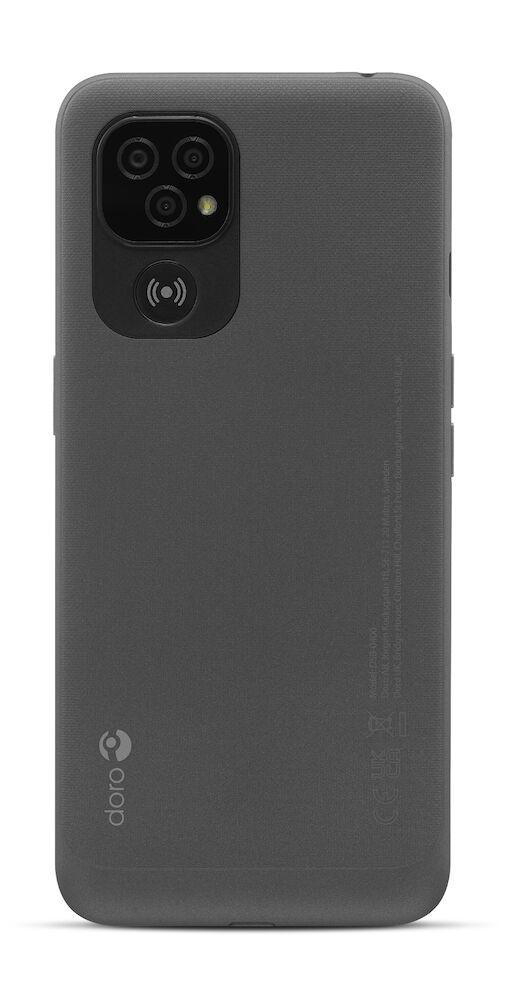 Dunkelgraues Telefon mit drei Kameras und einem Symbol für kabelloses Laden. Rückansicht.