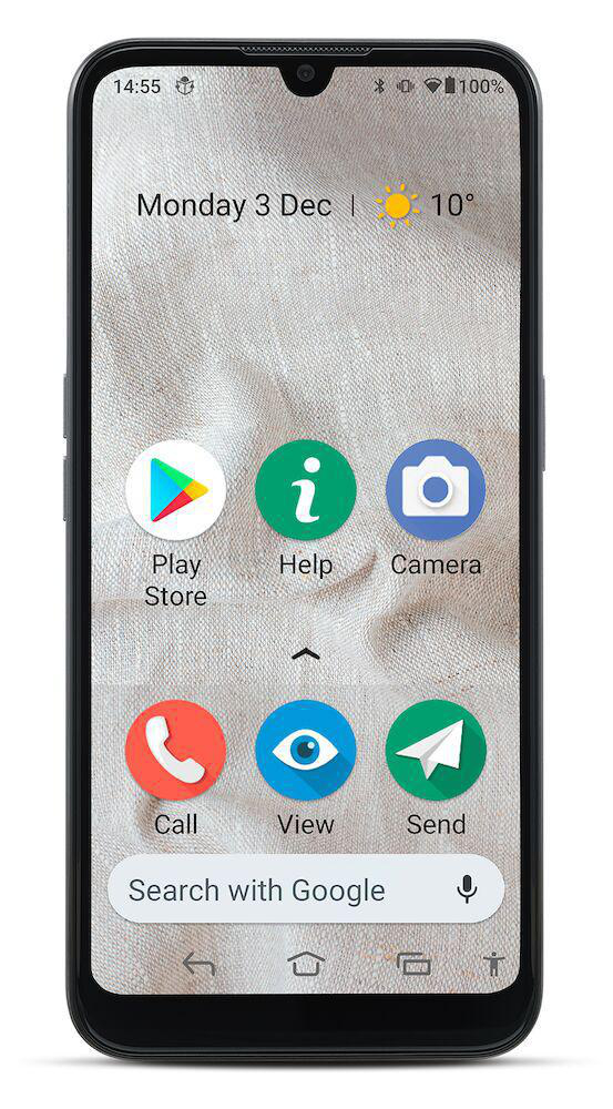Smartphone mit Symbolen für Play Store, Hilfe, Kamera, Anruf, Ansicht und Senden.