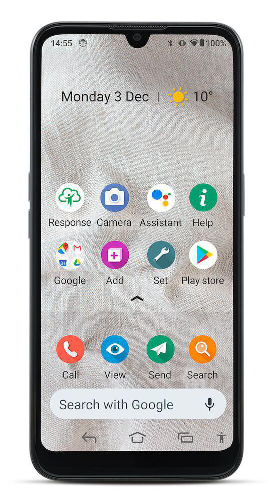 Smartphone mit Symbolen, Datum, Uhrzeit und Hintergrund. Es hat einen schwarzen Rahmen.