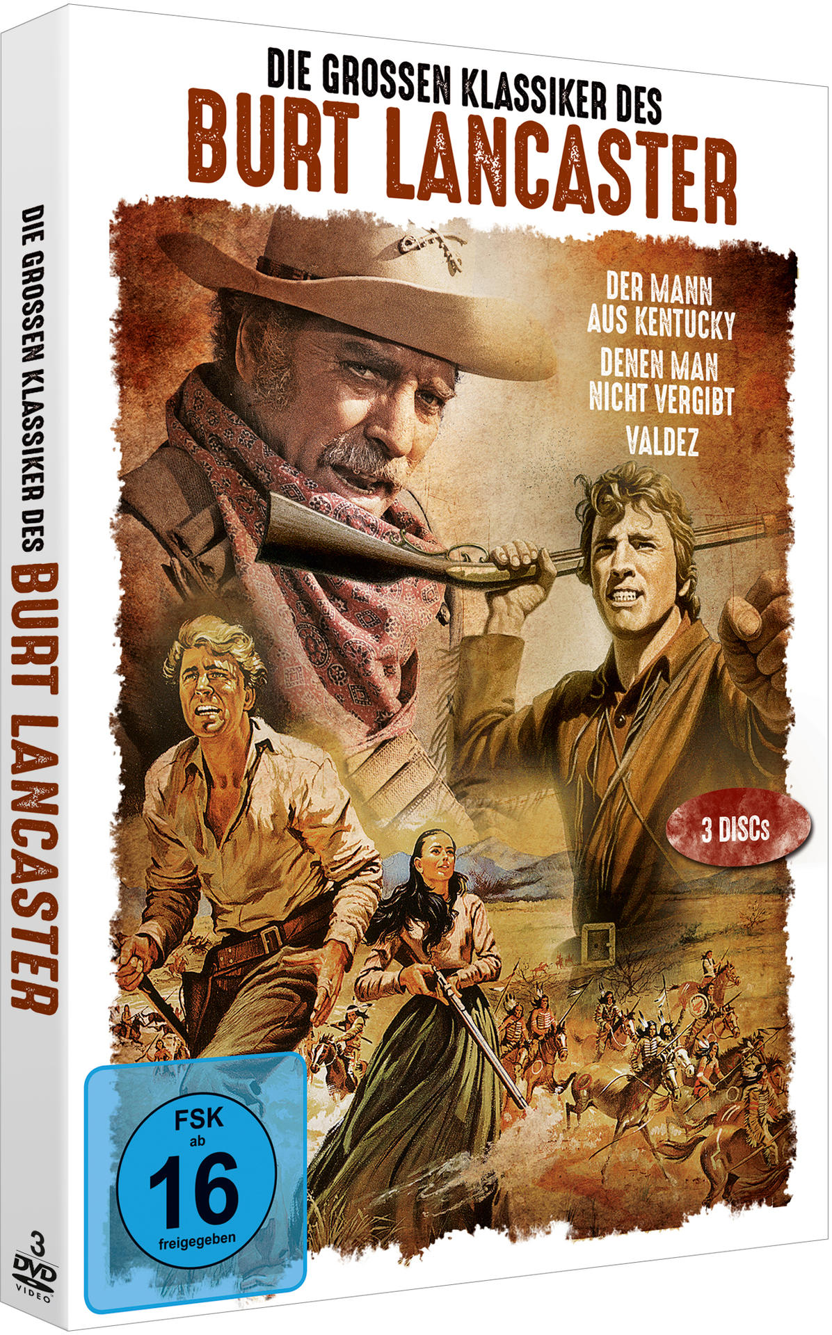 DVD-Cover, Filmplakat. Burt Lancaster in Cowboy-Kleidung. Weitere Schauspieler und Filmtitel sind ebenfalls abgebildet.