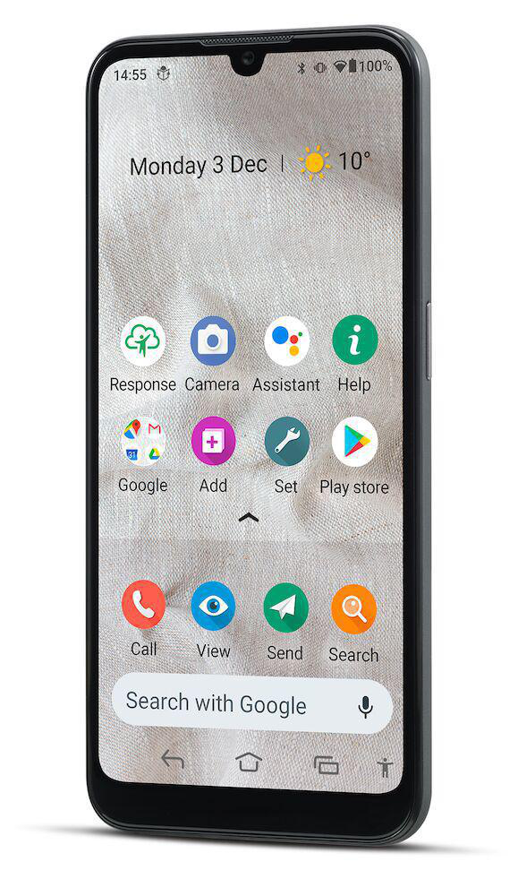 Ein schwarzes Smartphone mit einem Bildschirm, der Apps und die Uhrzeit anzeigt. Der Hintergrund ist beige.