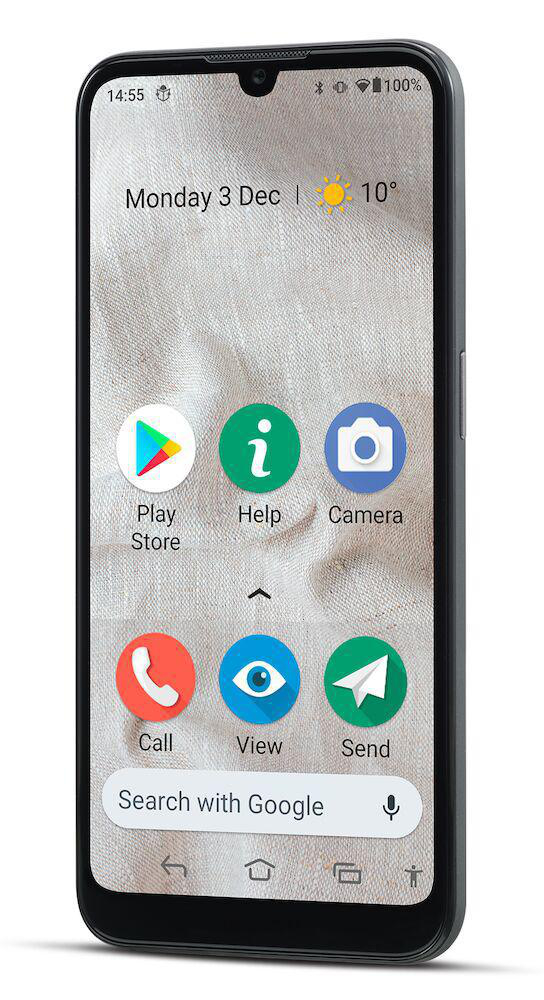 Smartphone mit Startbildschirm und App-Symbolen. Wetter, Zeit und Akkuanzeige.