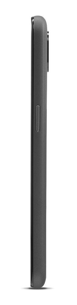 Ein dünnes, dunkelgraues Smartphone, von der Seite betrachtet, mit dem Power-Button.