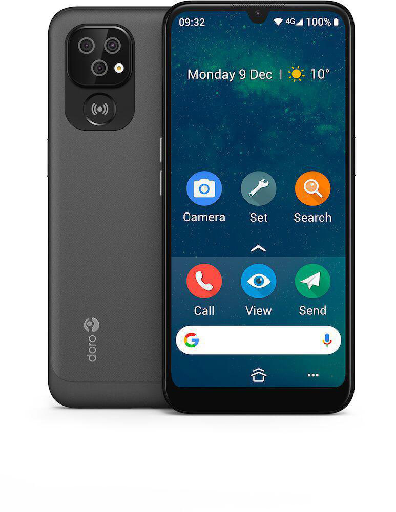 Schwarz-graues Smartphone, das App-Symbole auf dem Bildschirm zeigt.