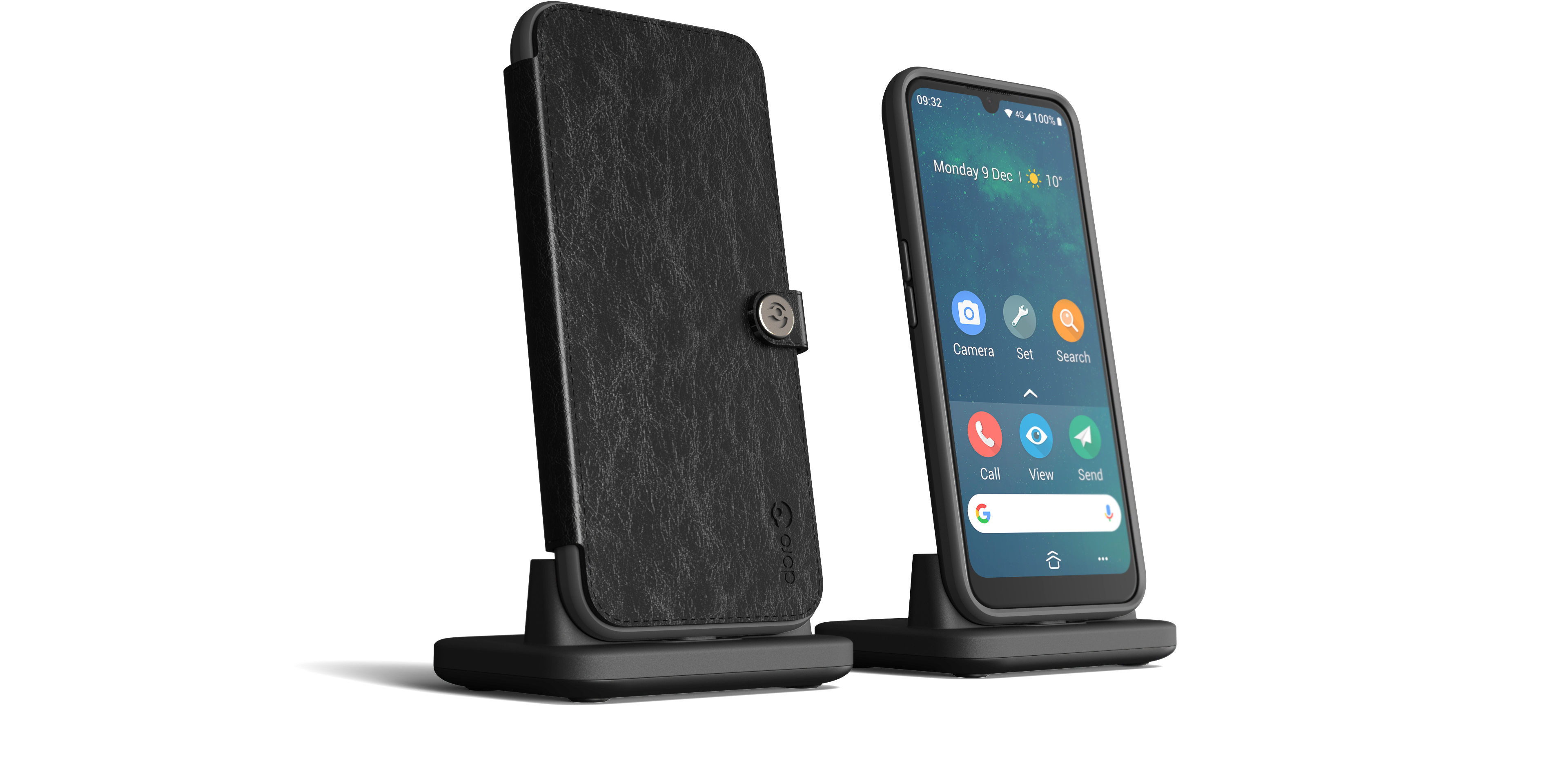 Zwei schwarze Telefonständer mit Telefon und Hülle. Das Telefon zeigt einen Startbildschirm.