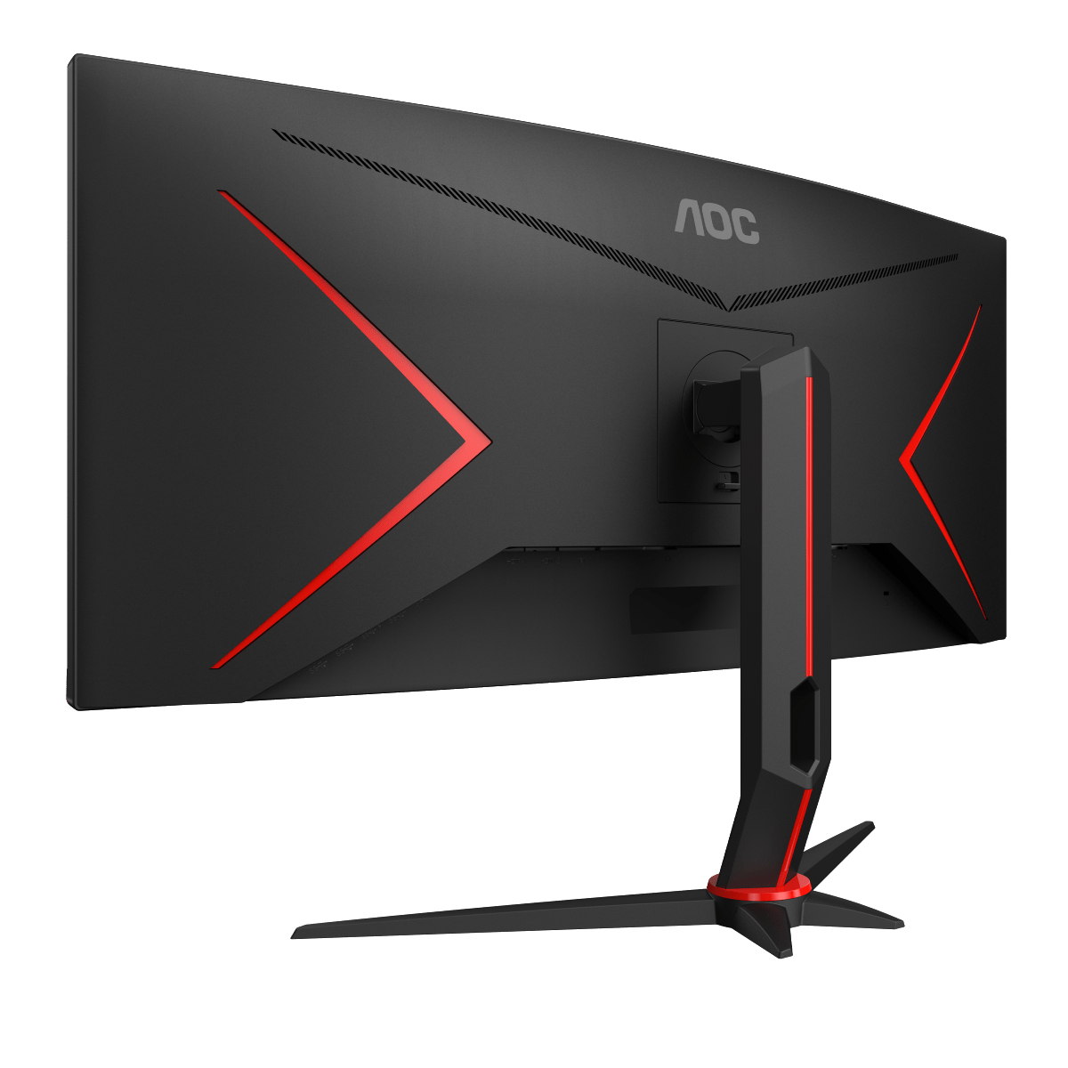 Ein schwarzer AOC-Monitor von hinten. Es hat rote Akzente und einen Ständer. Das AOC-Logo ist sichtbar.