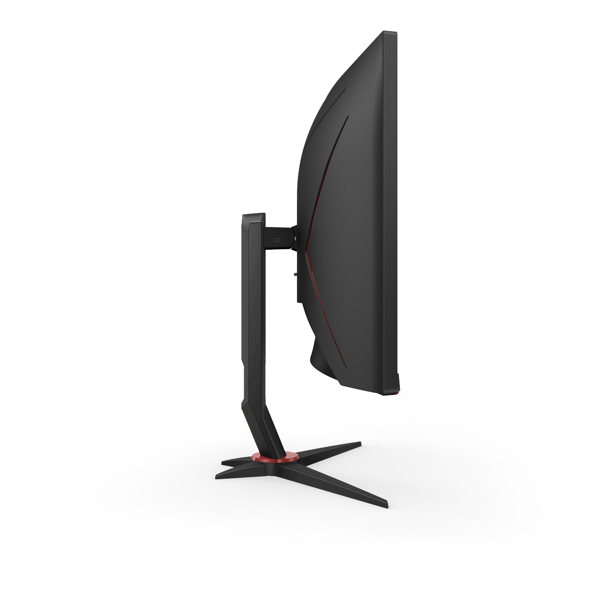 Seitenansicht eines schwarzen und roten gebogenen AOC-Gaming-Monitors auf weißem Hintergrund.