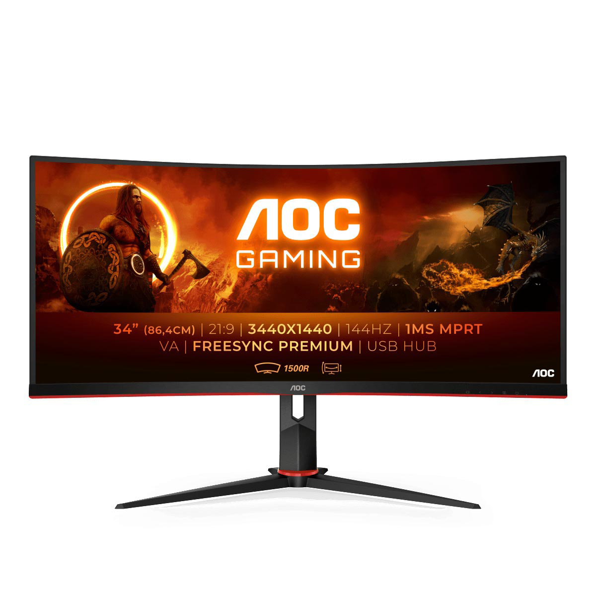 AOC Gaming-Monitor mit gebogenem Bildschirm, roten Akzenten und einem Kriegerbild auf dem Display.