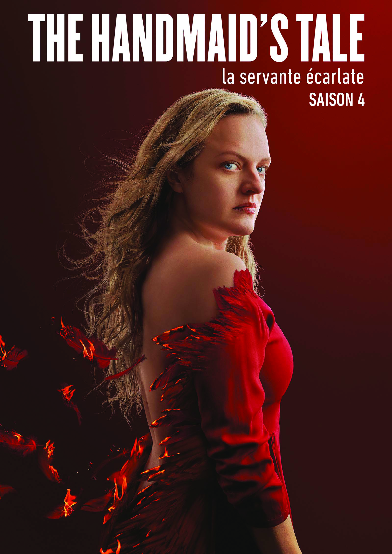 Een filmposter voor 'The Handmaid's Tale' seizoen 4. Een vrouw in een rode jurk op een rode achtergrond.