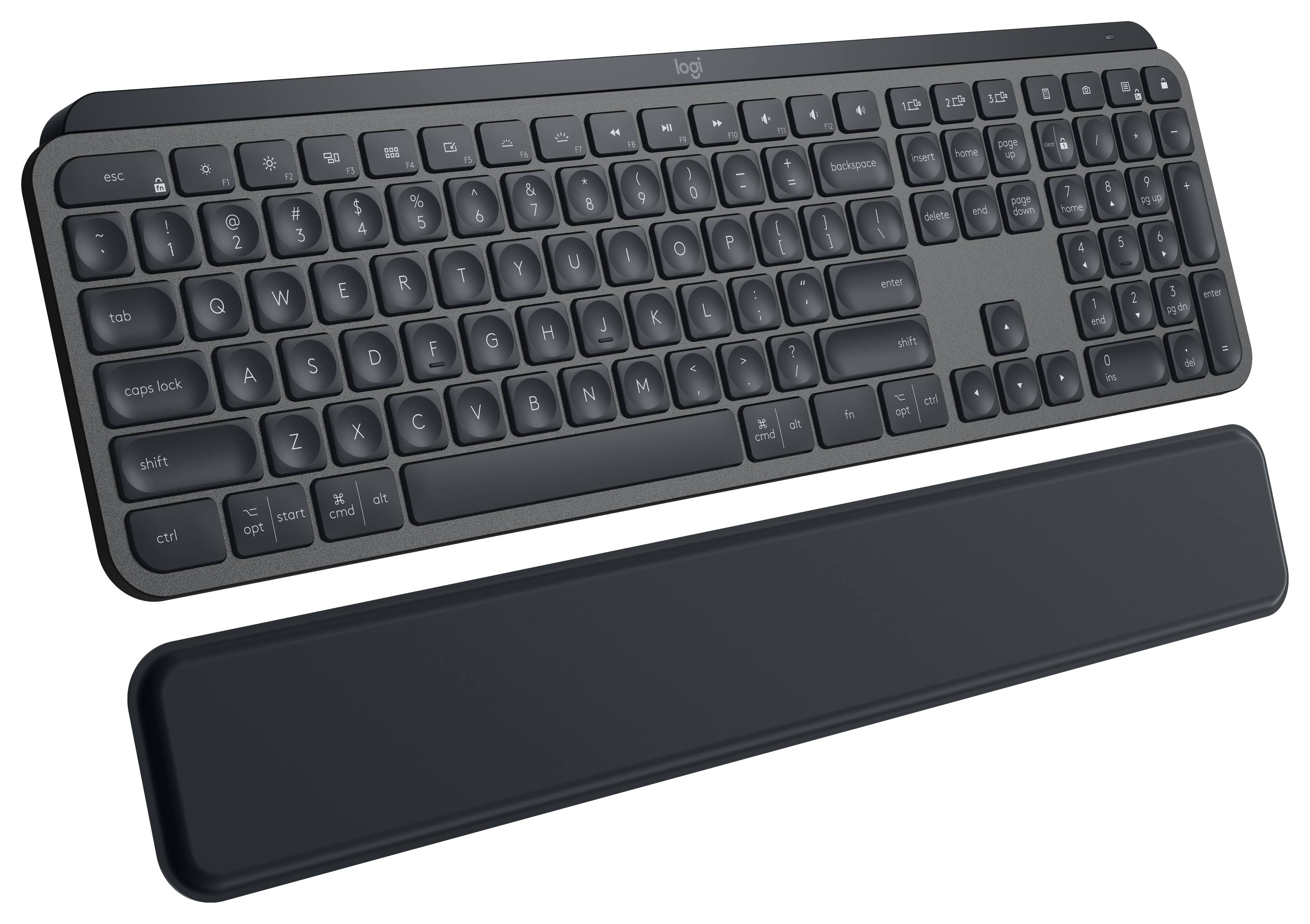Graue Logitech-Tastatur mit Handballenauflage, Draufsicht.