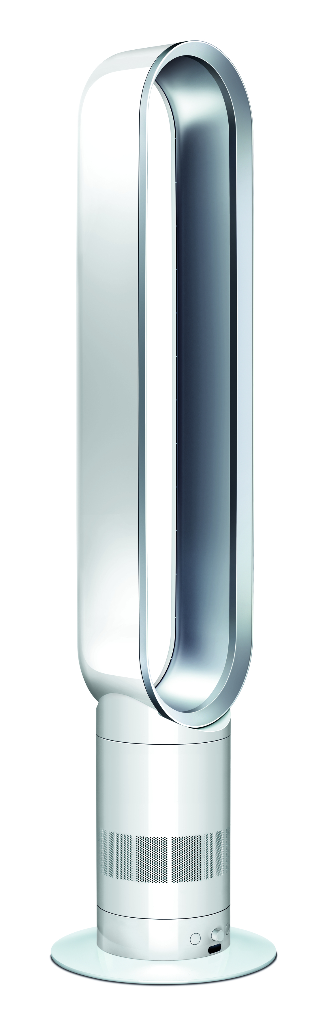 Purificador de aire Dyson blanco, diseño ovalado alto, base blanca, aislado sobre blanco.